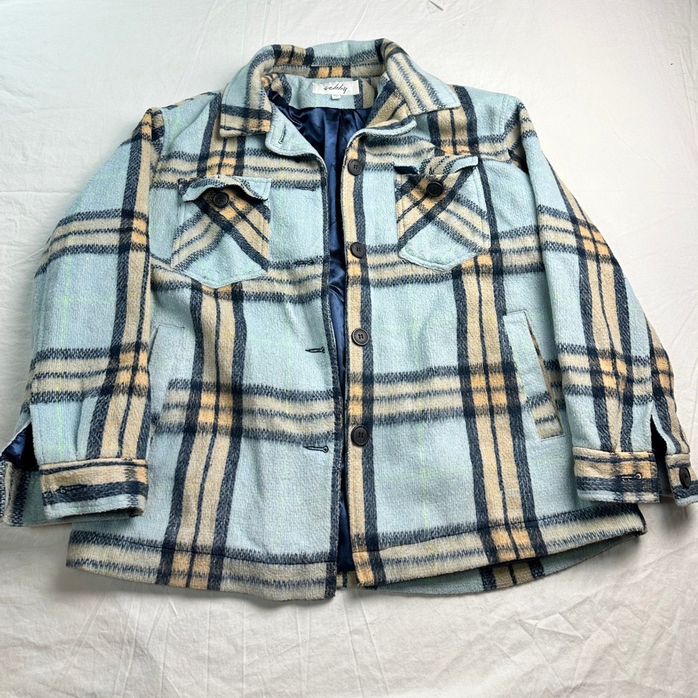Sebby Plaid Shirt Jacket Light Blue Tan Navy Unisex Shacket Large